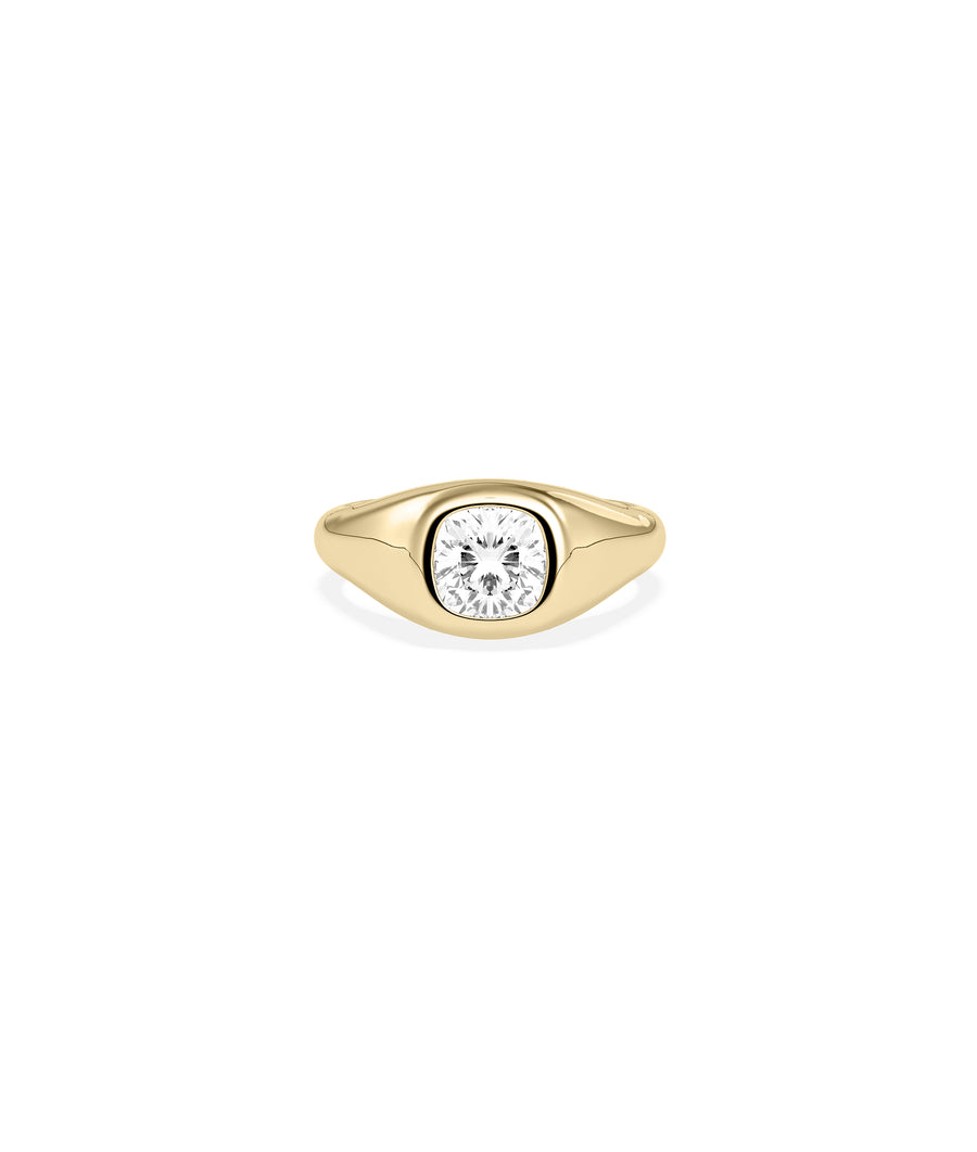 Bezel signet cushion lab diamond ring in yellow gold