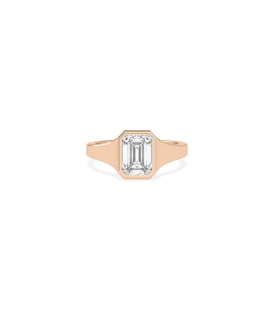 Bezel signet emerald cut lab diamond ring in rose gold