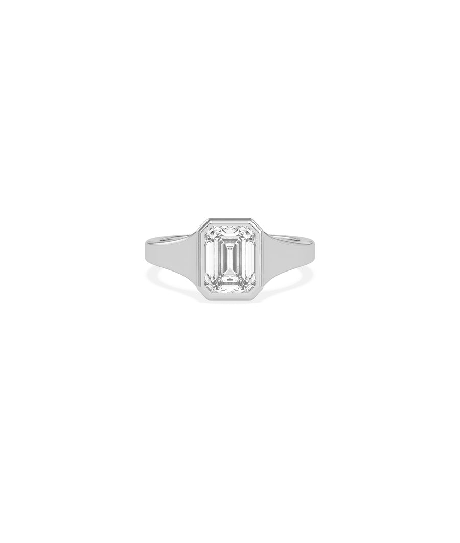 Bezel signet emerald cut lab diamond ring in 14K white gold