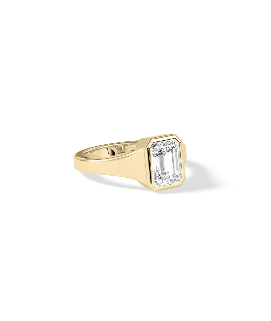Bezel signet emerald cut lab diamond ring yellow gold side profile view