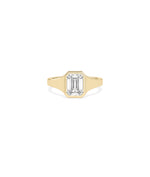 Bezel signet emerald cut lab diamond ring in 14K yellow gold
