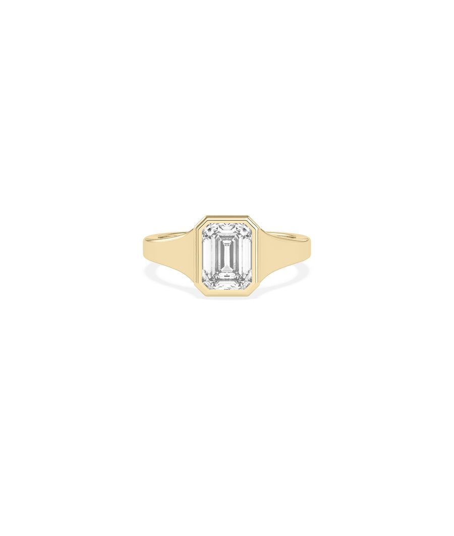 Bezel signet emerald cut lab diamond ring in 14K yellow gold