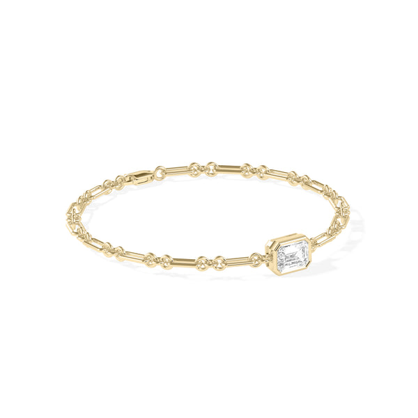 Side profile of bezel solitaire lab diamond chain link bracelet in 14K yellow gold alternate view