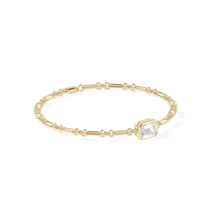 Side profile of bezel solitaire lab diamond chain link bracelet in 14K yellow gold