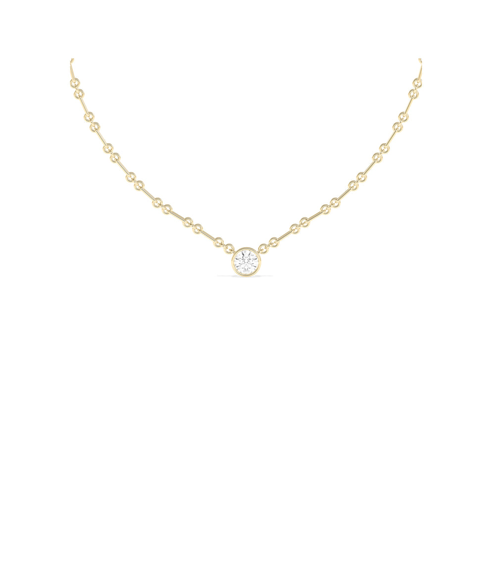 Bezel set solitaire lab diamond necklace in 14k yellow gold with delicate chain link chain