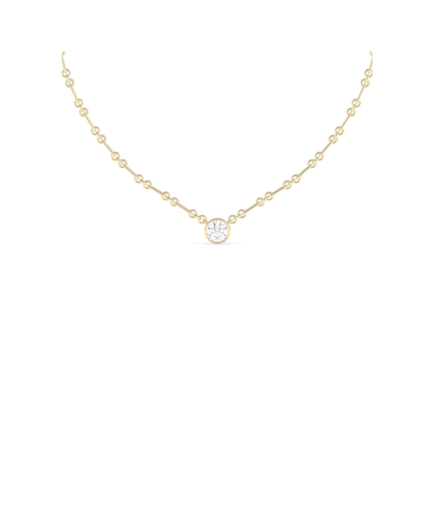 Bezel set solitaire lab diamond necklace in 14k yellow gold with delicate chain link chain