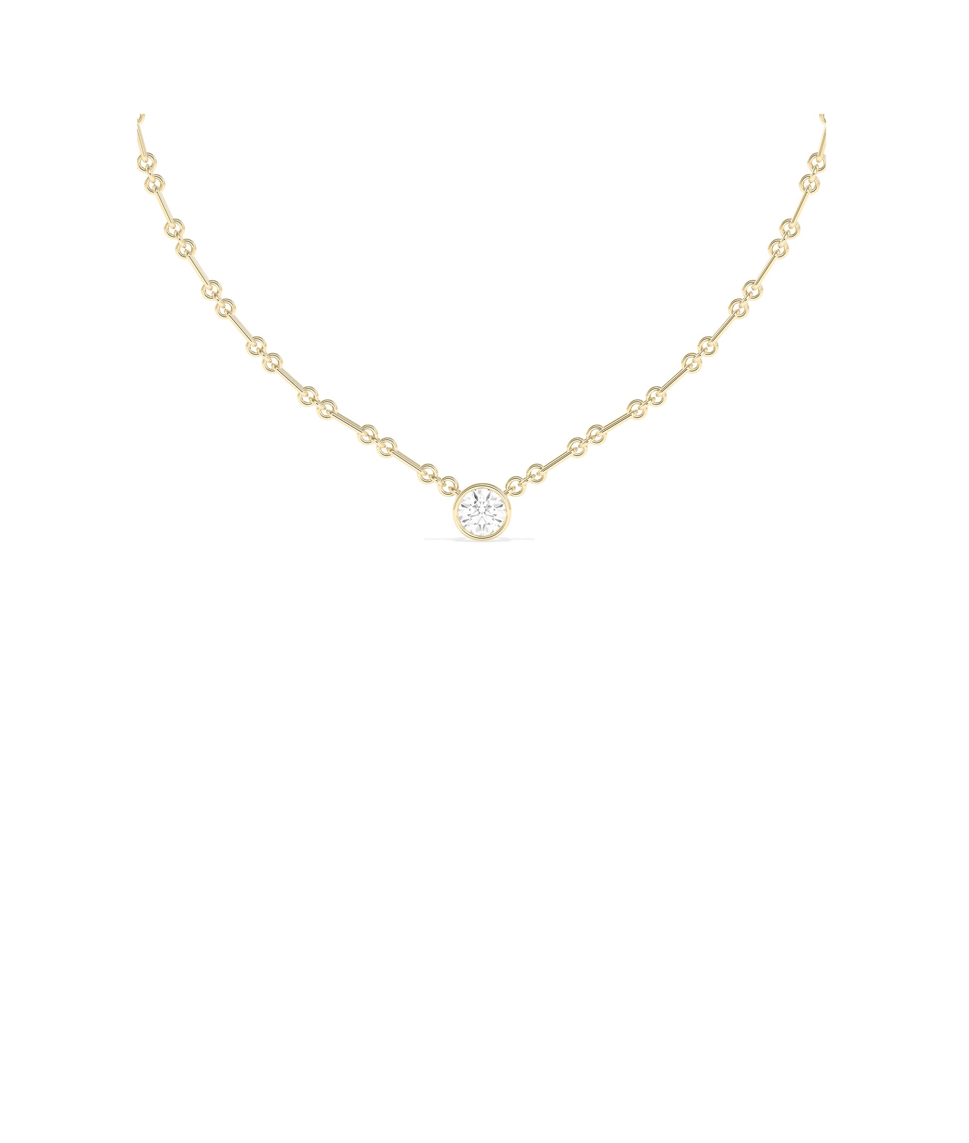 Bezel set solitaire lab diamond necklace in 14k yellow gold with delicate chain link chain