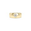 Wide polished 14k yellow gold band ring with bezel-set round lab diamond solitaire