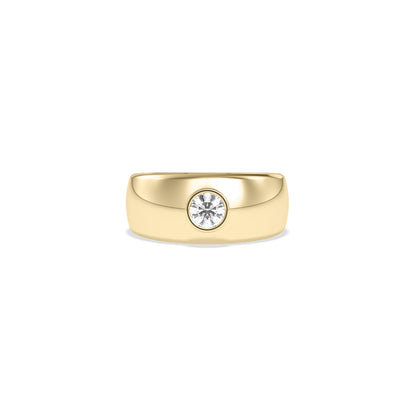 Wide polished 14k yellow gold band ring with bezel-set round lab diamond solitaire