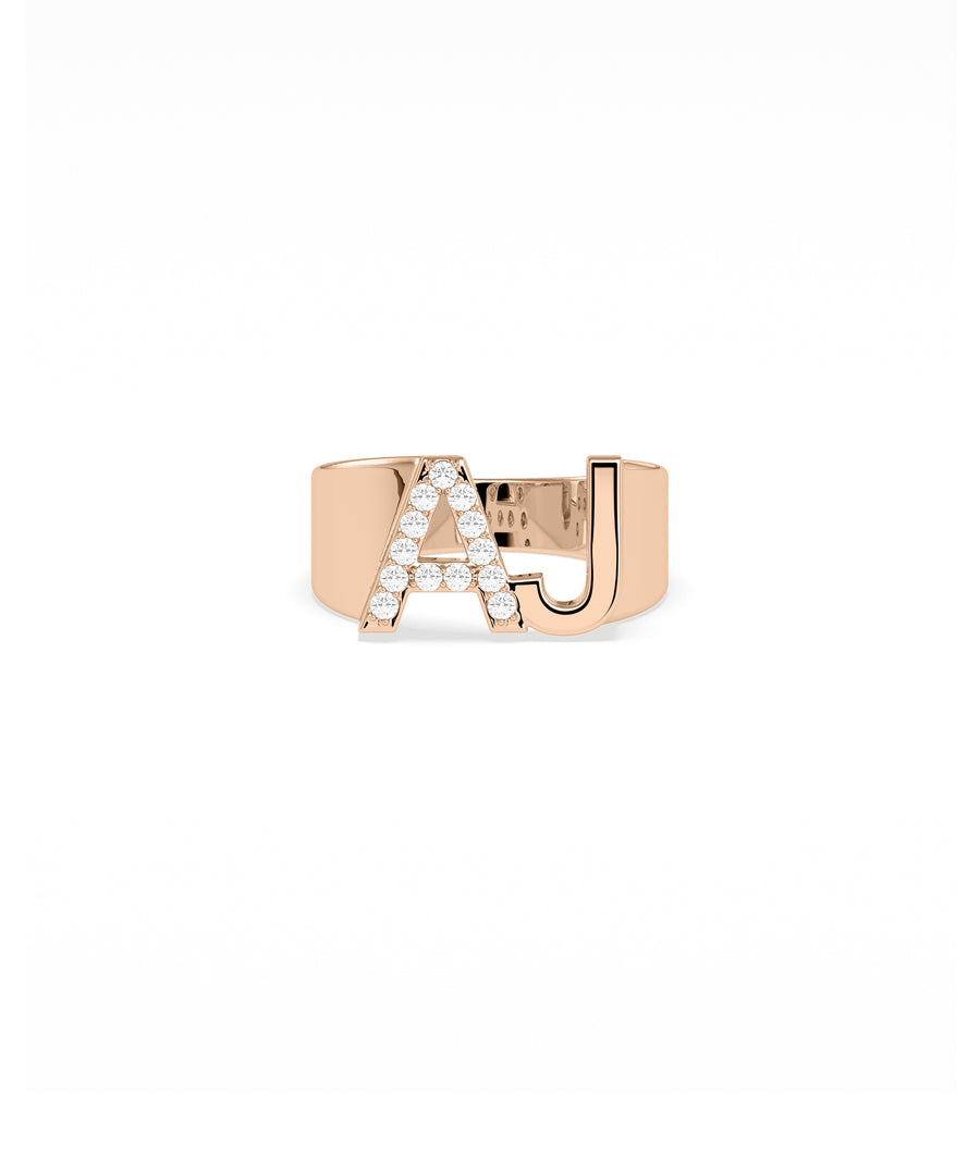 Bold diamond and gold initials ring in rose gold personalized