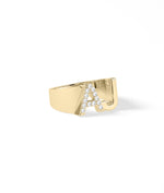 Bold diamond and gold initials ring side profile view in yellow gold