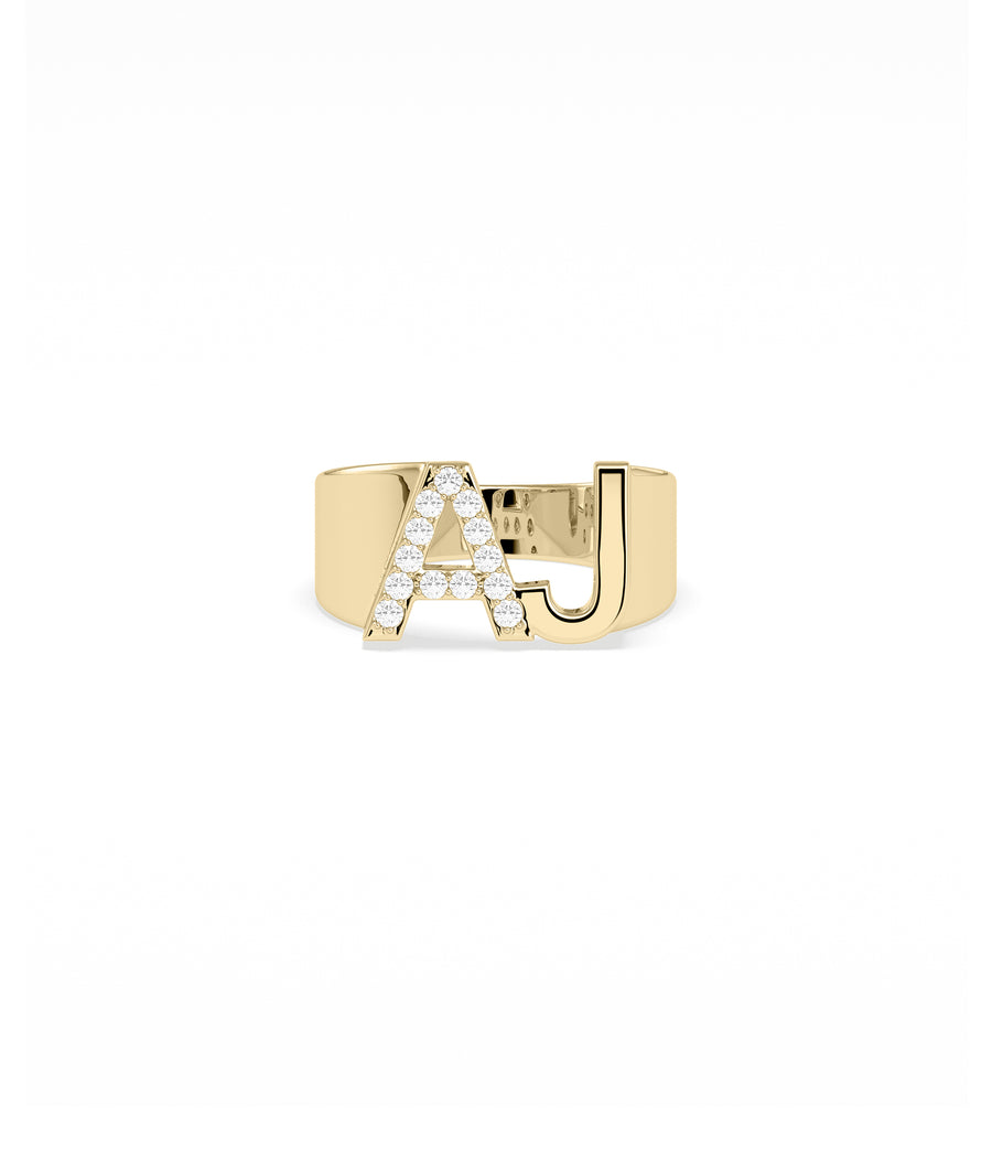 Bold diamond and gold initials ring in 14K yellow solid gold