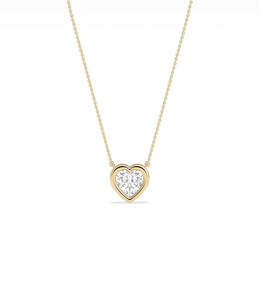 Bubble bezel heart solitaire diamond necklace in 14K yellow gold