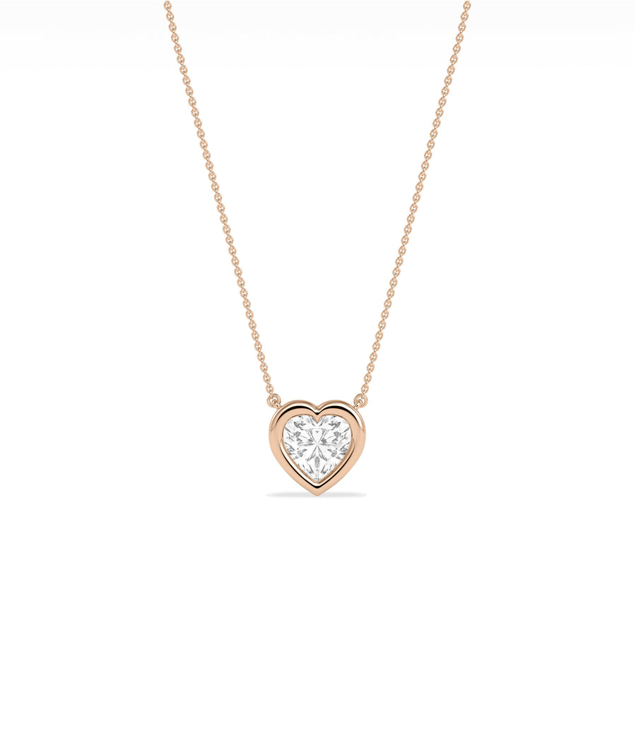 Bubble bezel heart solitaire diamond necklace in 14K rose gold