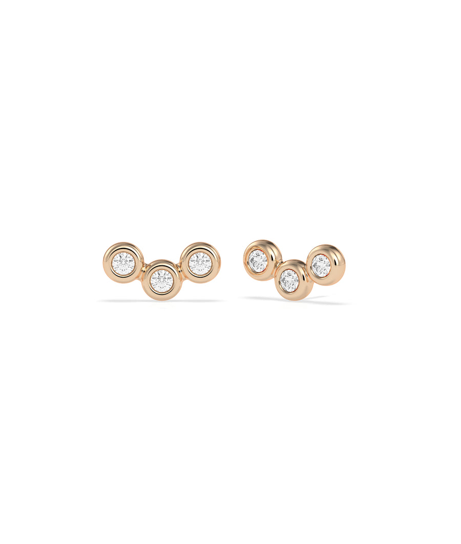 Bubble three-stone chevron diamond stud earrings in 14K rose gold