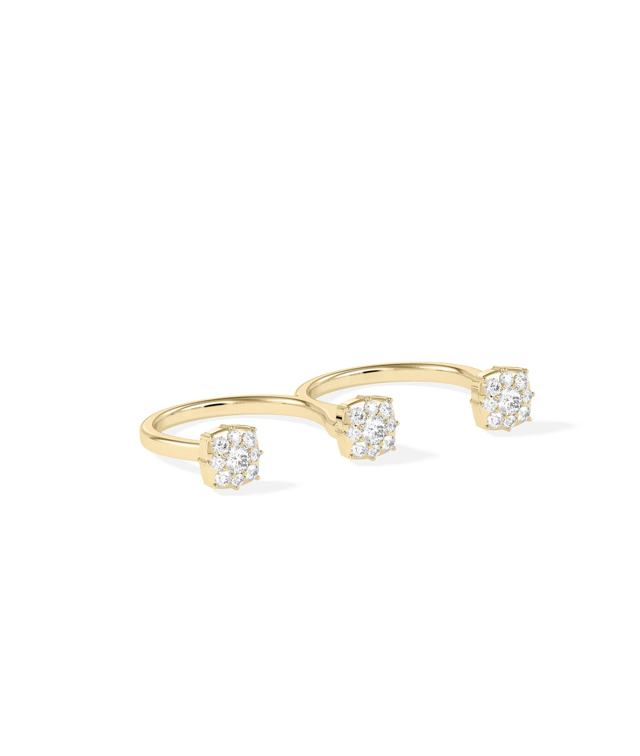 Cluster round lab diamond two finger ring yellow gold side profile