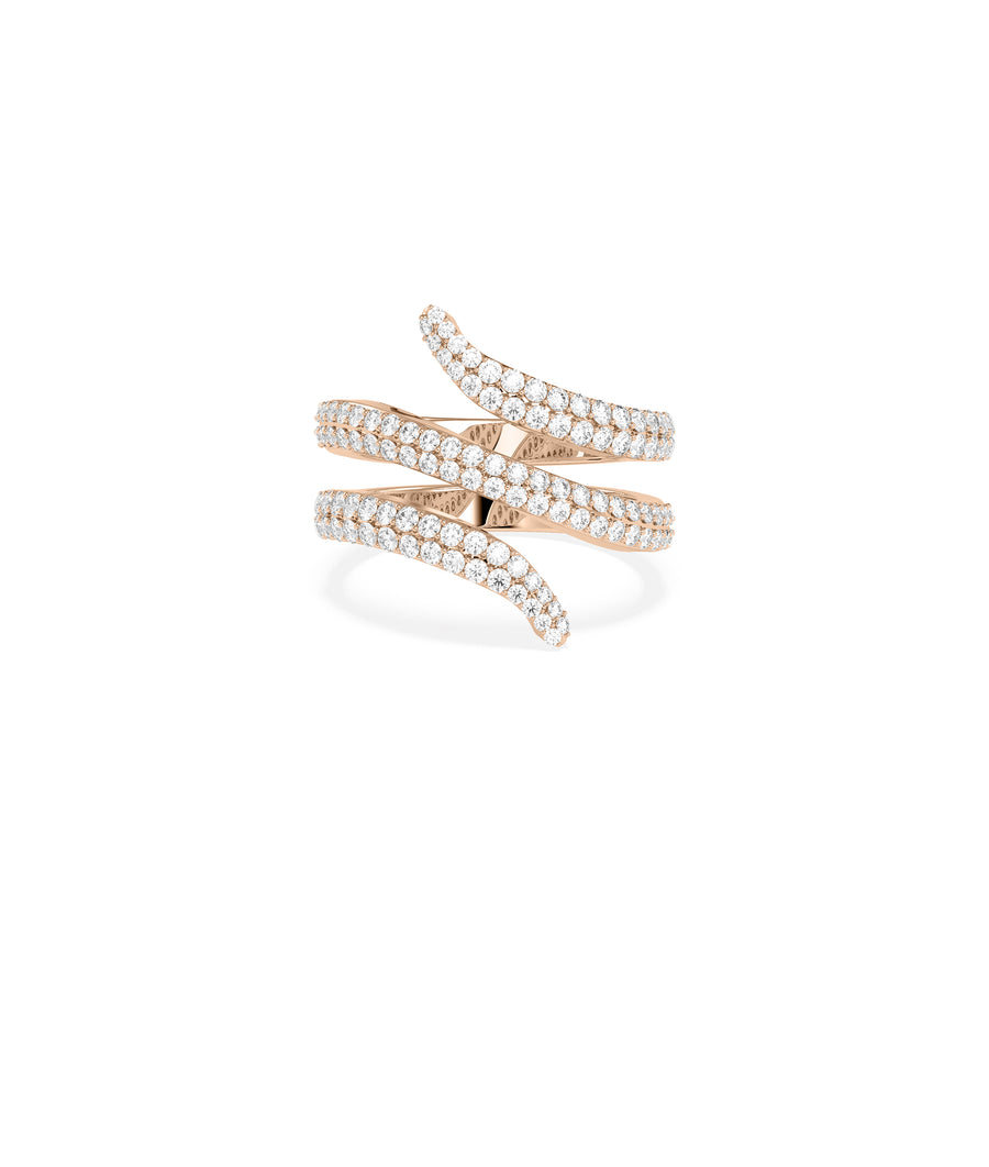 Coil pave diamond bypass ring in 14K rose gold