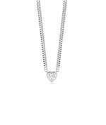 Curb link heart solitaire necklace in 14K solid white gold