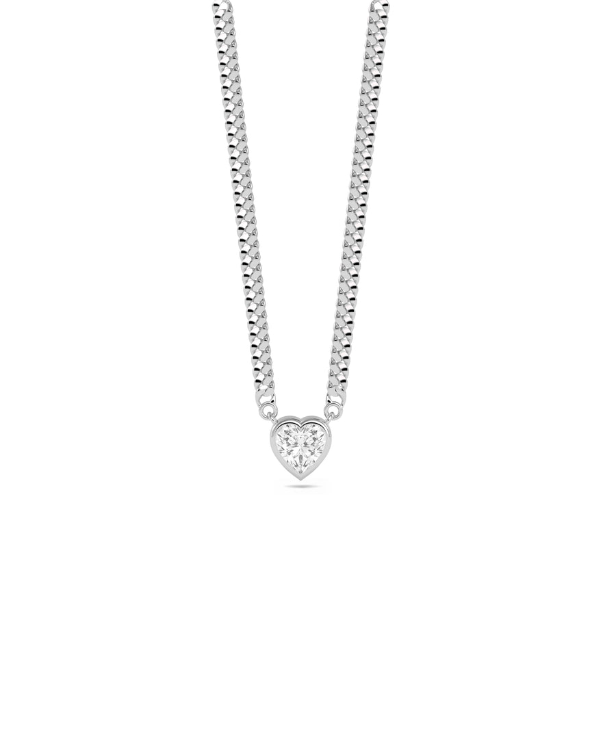 Curb link heart solitaire necklace in 14K solid white gold