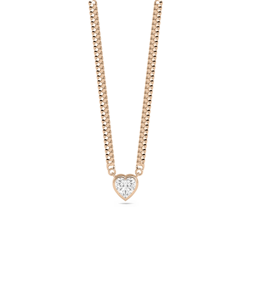 Curb link heart solitaire necklace in 14K solid rose gold