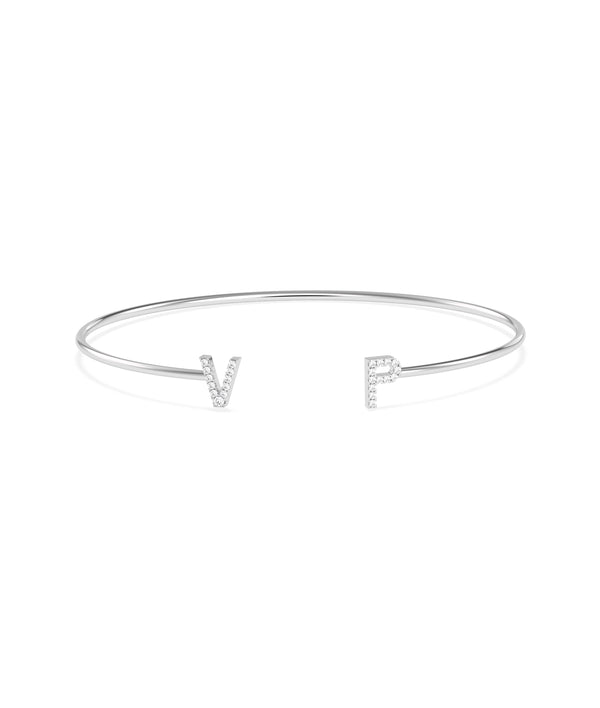 Diamond initials open cuff bracelet in 14K solid white gold alternate view