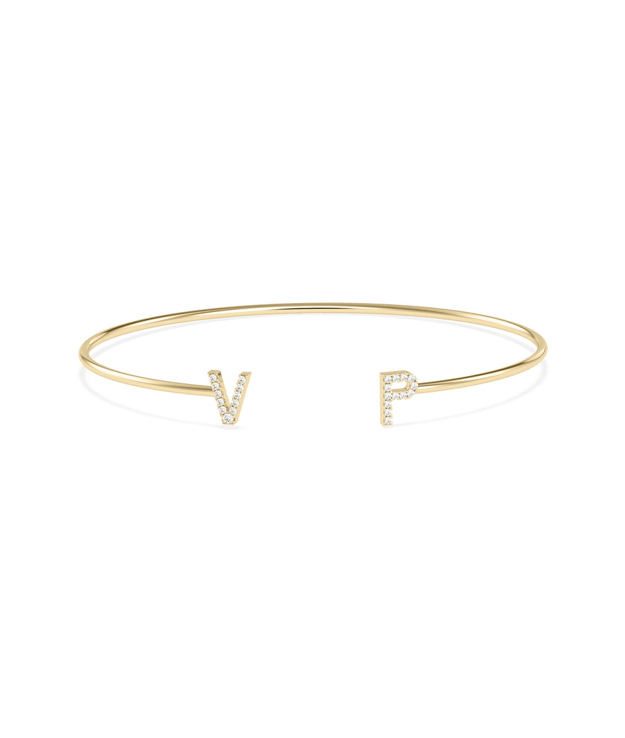 Diamond initials open cuff bracelet in 14K yellow solid gold