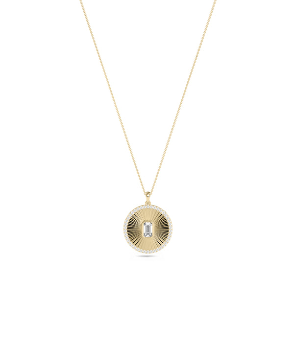 Diamond outline fluted circle solitaire pendant necklace in 14K yellow gold