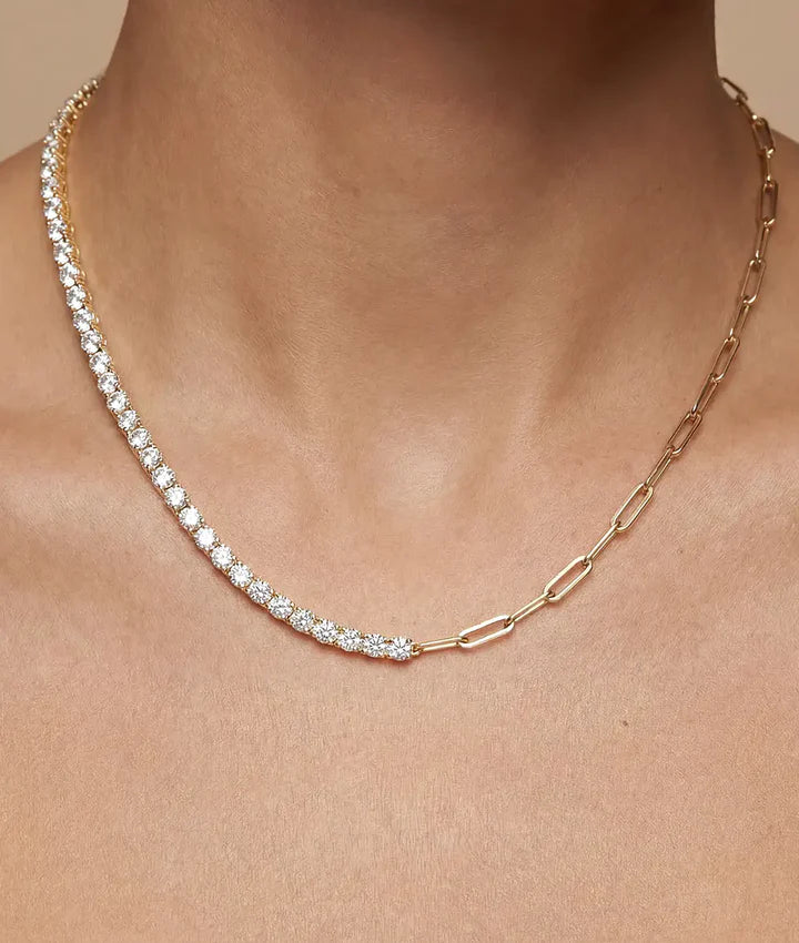Diamond tennis necklace with paper clip chain link design in 14K gold