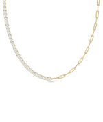 Diamond tennis paper clip necklace in 14K solid yellow gold