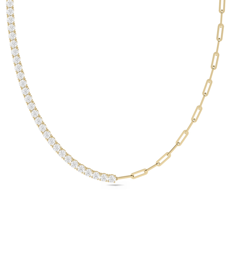 Diamond tennis paper clip necklace in 14K solid yellow gold