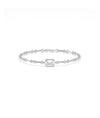 White gold chain bracelet featuring a bezel-set emerald-cut diamond centerpiece with bar and circle links