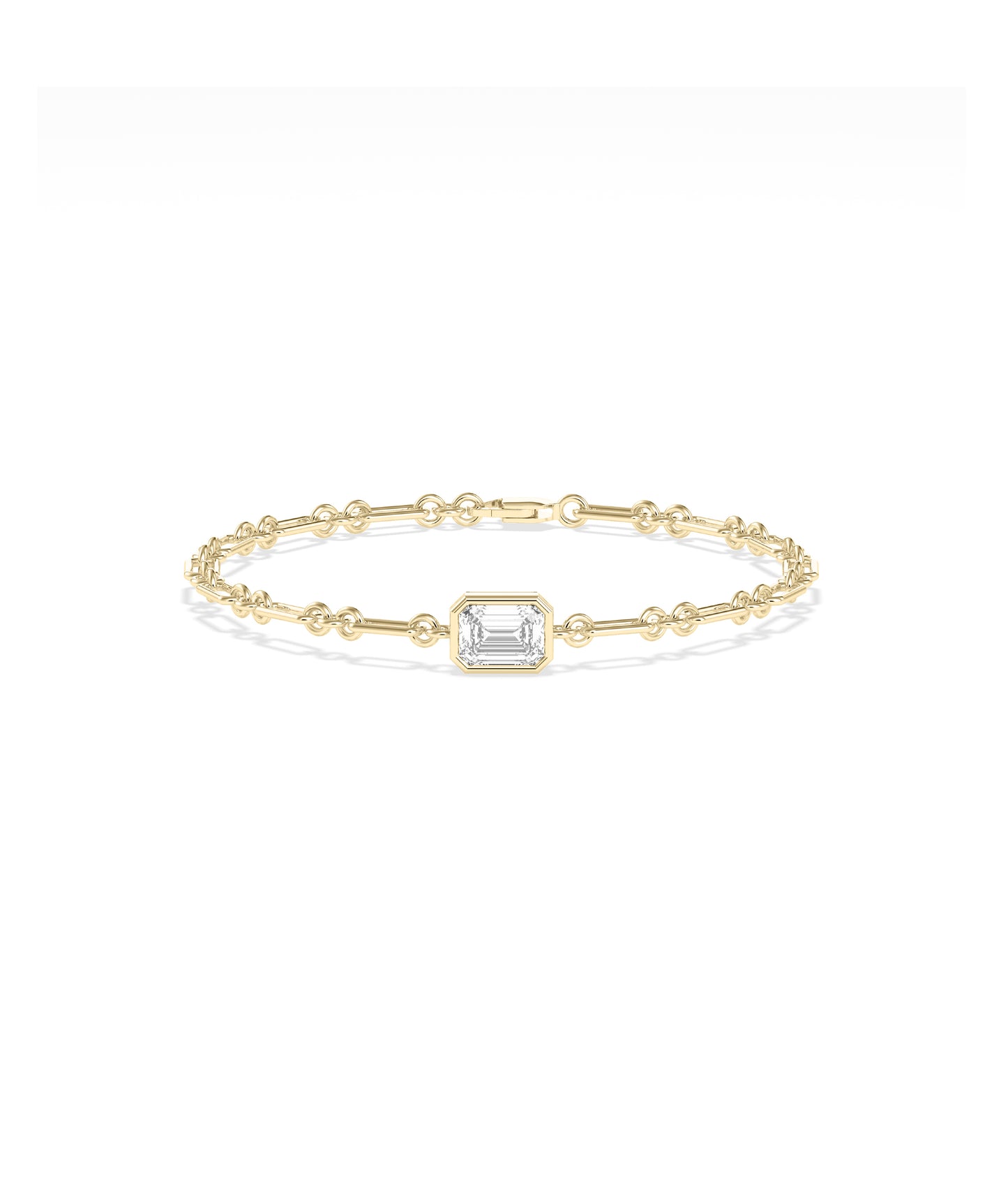 Emerald-cut diamond bezel set bracelet in 14k yellow gold bar and circle chain link design