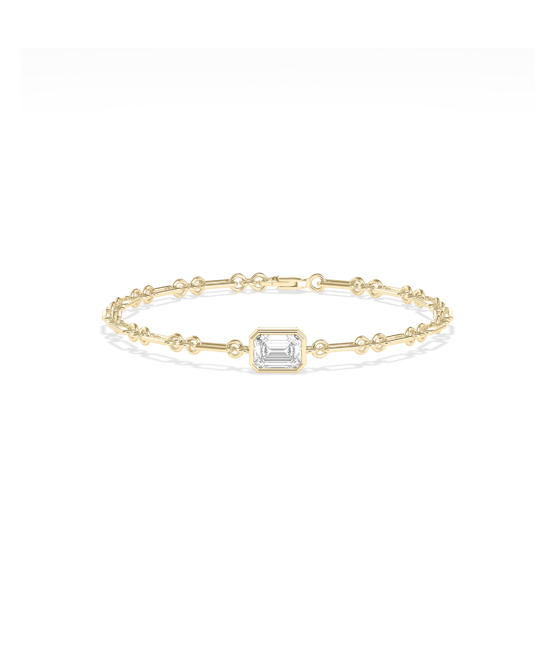 Emerald-cut diamond bezel set bracelet in 14k yellow gold bar and circle chain link design