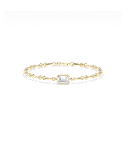 Emerald-cut diamond bezel set bracelet in 14k yellow gold bar and circle chain link design