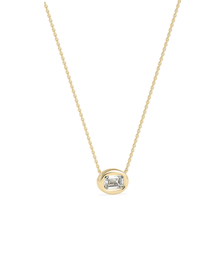 Emerald cut diamond bubble solitaire necklace in yellow gold side view