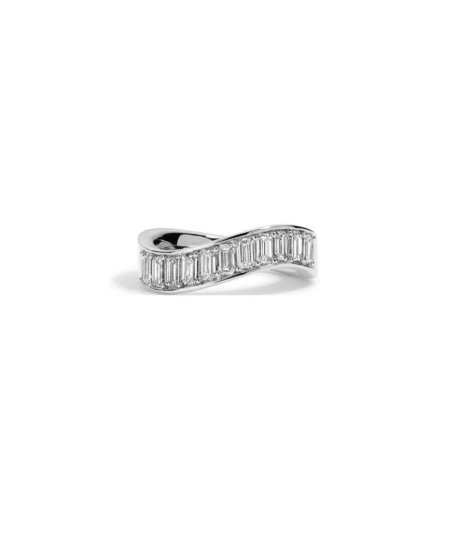 Emerald cut wave band ring in 14K solid white gold