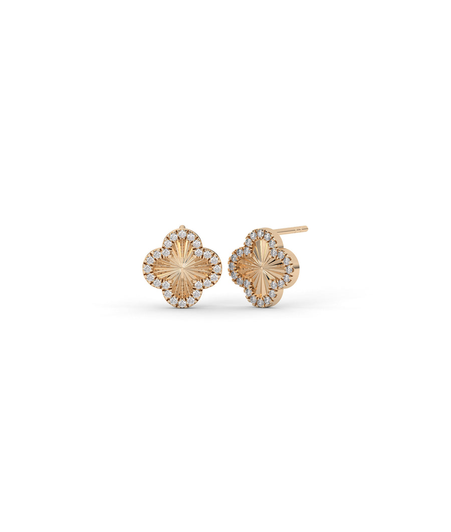 Fluted diamond clover stud earrings in 14K rose gold solid gold