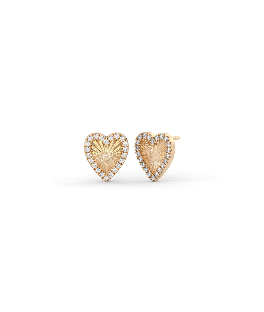 Fluted diamond heart stud earrings in rose gold solid gold