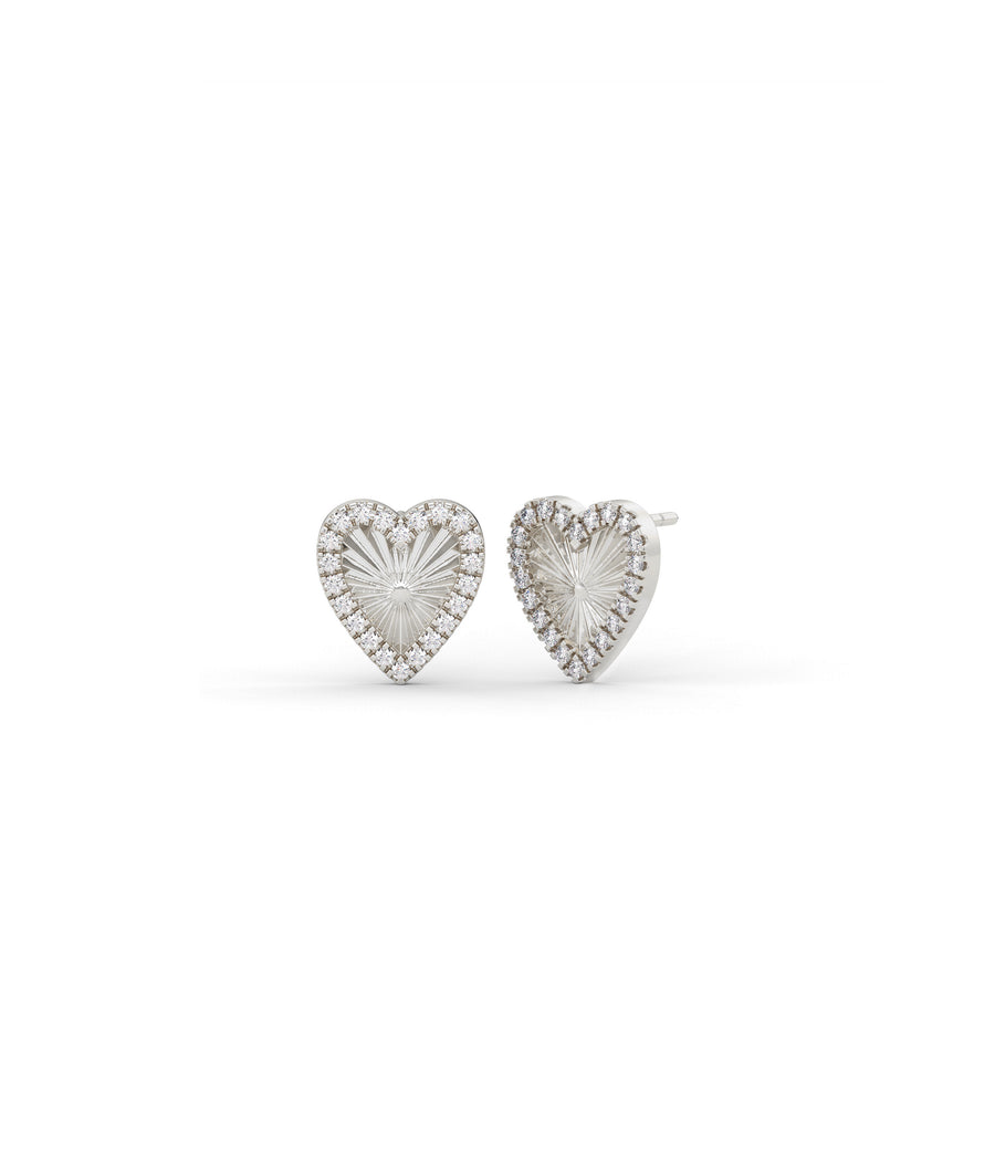 Fluted diamond heart stud earrings in 14K white gold