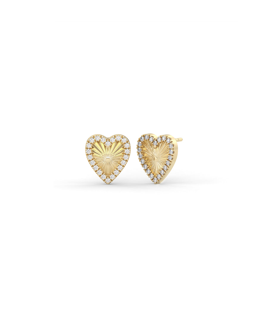 Fluted diamond heart stud earrings in yellow gold