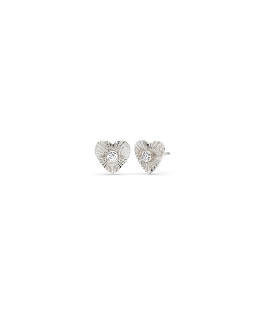 Fluted heart diamond stud earrings in 14K solid white gold