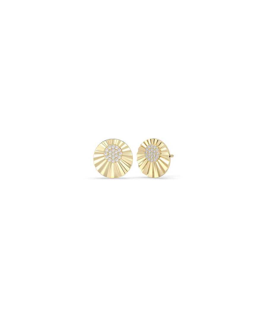 Fluted pave diamond stud earrings in 14K solid yellow gold
