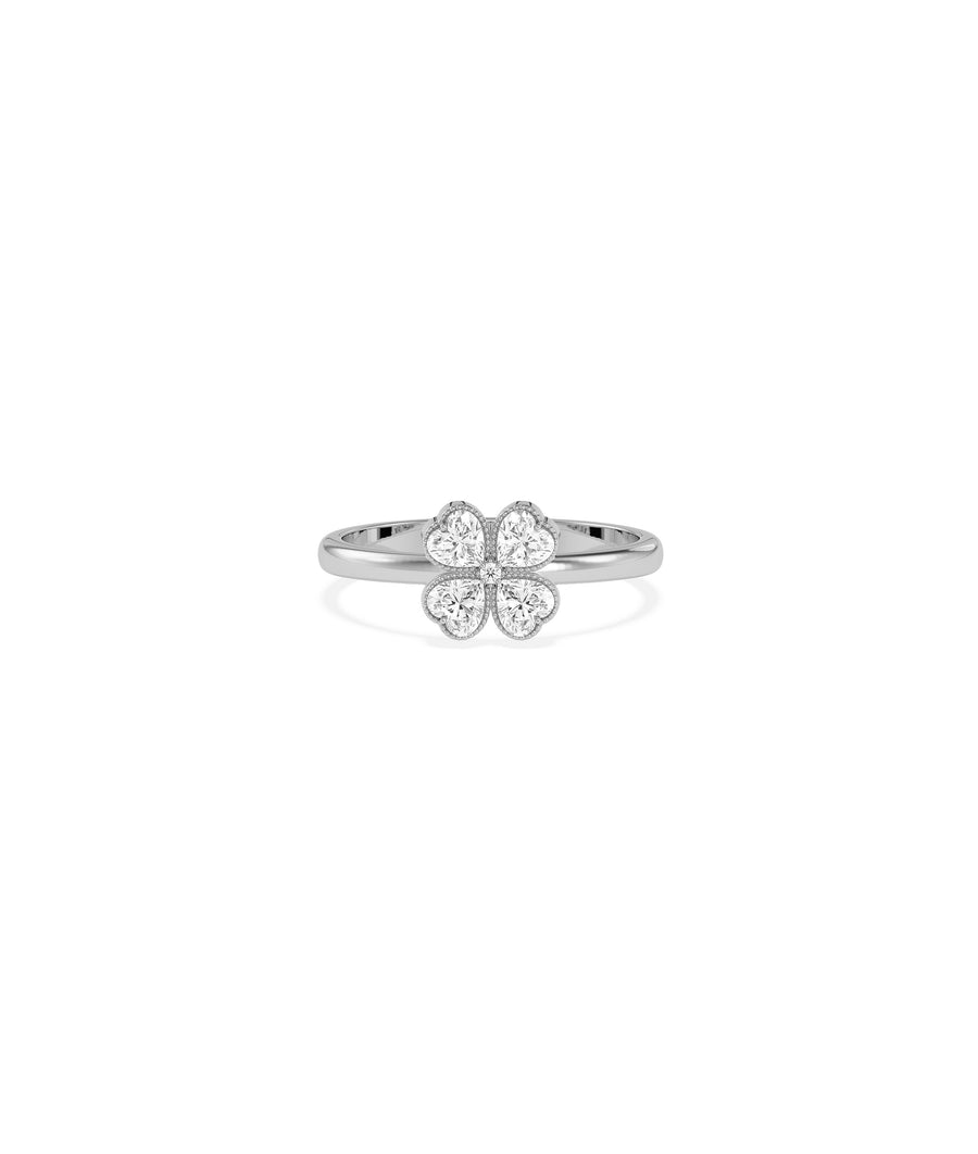 Four leaf clover diamond ring in 14K solid white gold