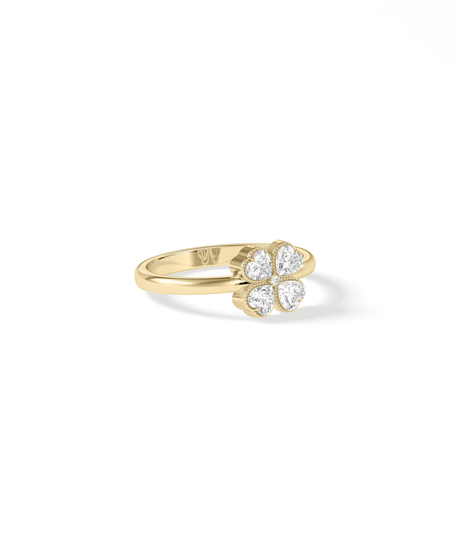 Four leaf clover diamond ring in 14K yellow gold side profile view
