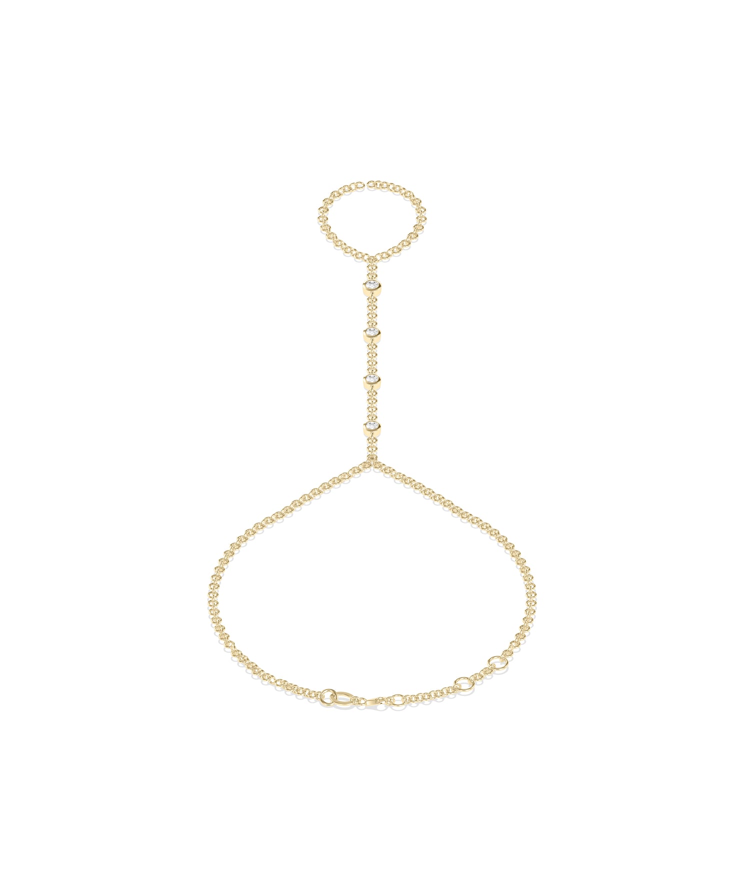 14k yellow gold hand chain with bezel-set diamonds connecting a finger ring to a wrist bracelet