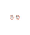 Heart-shaped diamond bezel stud earrings in rose gold, shown as a pair front and side view
