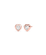 Heart-shaped diamond bezel stud earrings in rose gold, shown as a pair front and side view