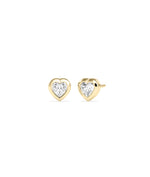 Heart-shaped diamond bezel set stud earrings in yellow gold, shown as a pair with push-back closures.