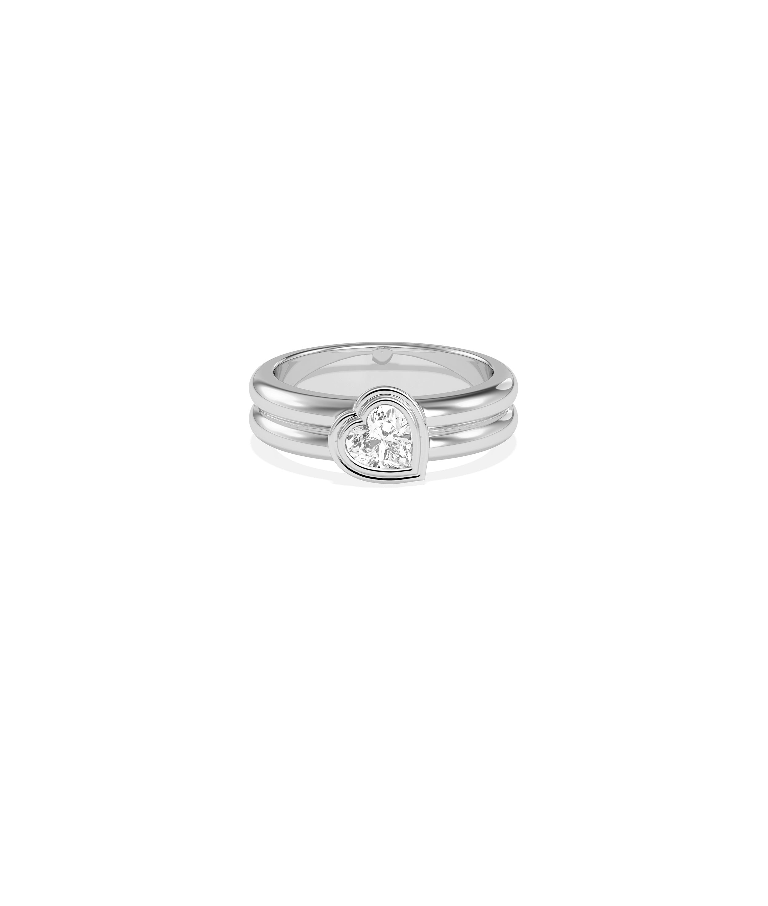 Heart-shaped diamond bezel-set solitaire ring in polished white gold with double band detail