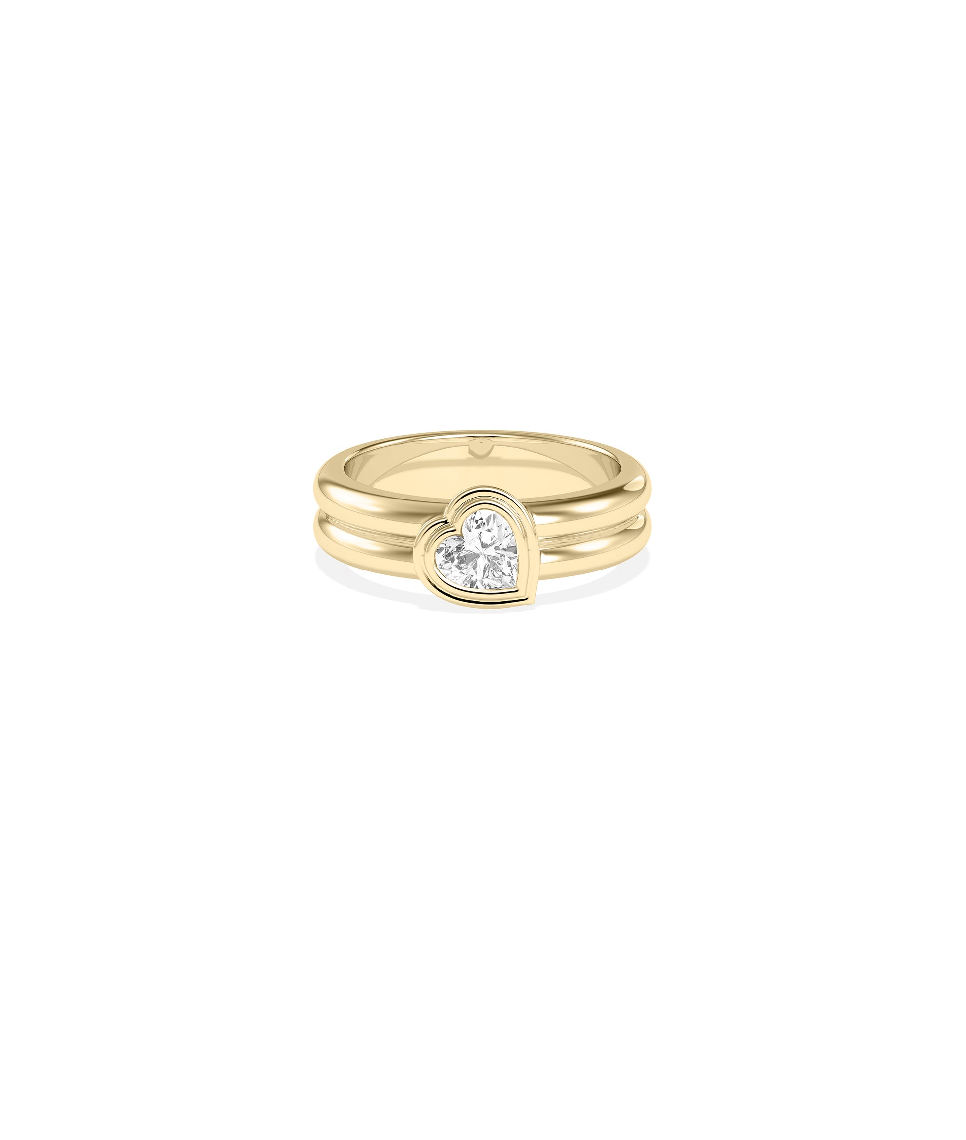Heart-shaped diamond bezel set ring in polished yellow gold with double band design